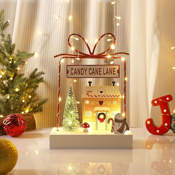 Christmas Tabletop Decoration, Wooden Lighted Decorations, Battery Operated Christmas Indoor Table Decorations (Candy Cane Lane & Giftbox)