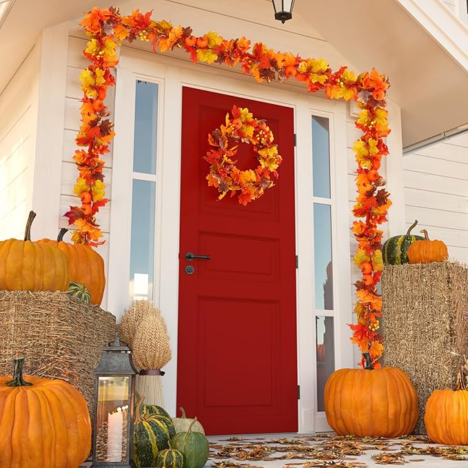 4 Pack Fall Maple Leaf Garland 9ft Autumn Maple Leaves Pumpkin Berry Garland Thanksgiving Halloween Mantle Fireplace Farmhouse Harvest Decorations for Home Outdoor Indoor Porch