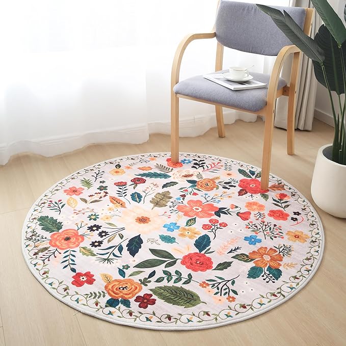 Rugcomf Round Rug 6ft Washable Circle Rug Non Slip Low Pile Boho Floral Small Circular Rug for Bedroom, Bathroom, Entryway, Kids Room, Office, College Dorm(Beige)