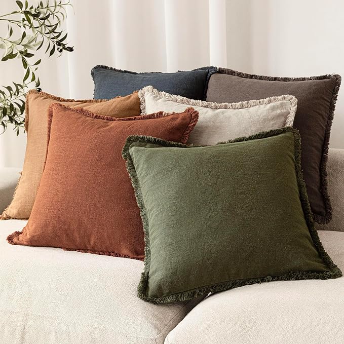 Foindtower Set of 2 Decorative Linen Fringe Throw Pillow Covers Cozy Farmhouse Cushion Cover with Tassels Lumbar Accent Pillowcase for Couch Bed Living Room Home Bedroom Decor, 12×24 Inch,Orange Brown