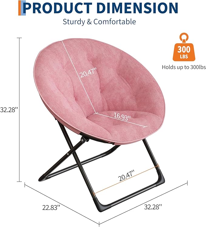 Saucer Chair, Oversized Faux Fur Lounge Chair with Gold Metal Frame for Adults, Foldable Comfy Seat for Bedroom, Dorm & Living Room, (Pink)