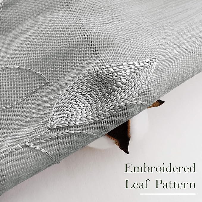 HOMEIDEAS Grey/Gray Sheer Kitchen Curtains 52 x 54 Inch Length 2 Panels Embroidered Leaf Pattern Short Curtains for Bedroom Half Small Window Rod Pocket Tiers