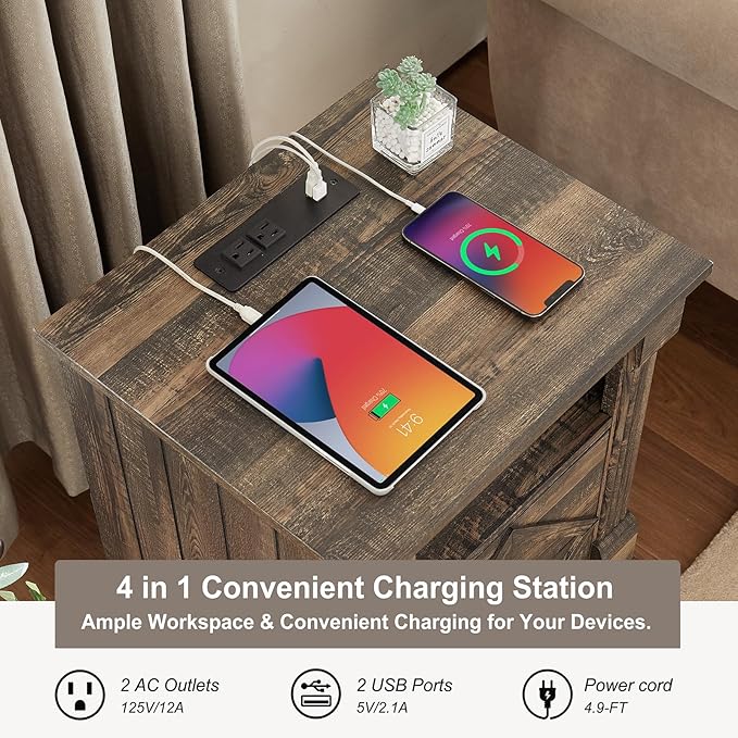Farmhouse Nightstand with Charging Station, 18" Modern Wood Side Table, 2 Drawers End Table & Roman Column Design for Living Room, Bedside Table with Open Shelf for Bed Room, Dark Rustic Oak