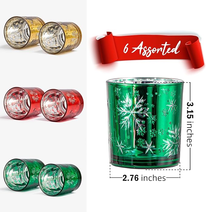 Christmas Candle Holder,Mercury Glass Tealight Votives Set of 6,Christmas Decorations Indoor,Snowflake Carving Tea Lights Centerpieces Table Decor