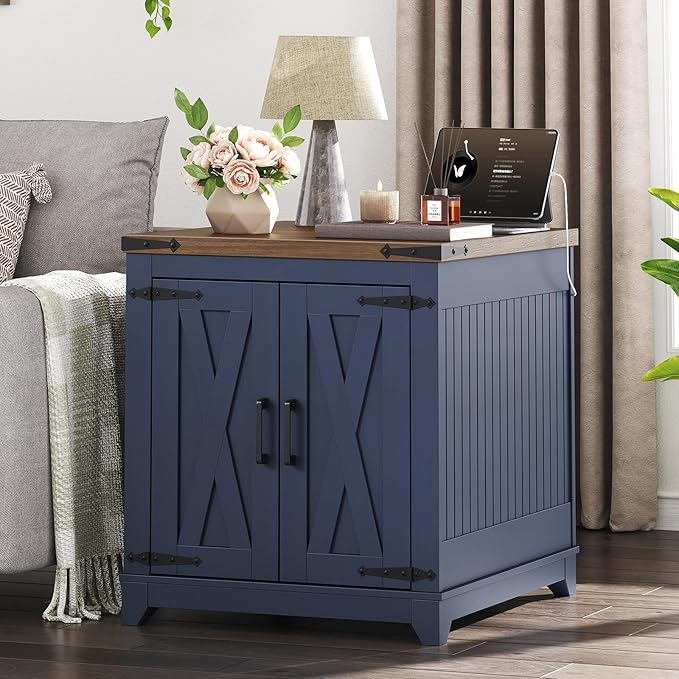 Farmhouse End Table Set of 2, Sofa Side Table with Charging Station and Adjustable Shelf, Wooden Nightstand for Living Room, Bedroom, Ink Blue and Walnut