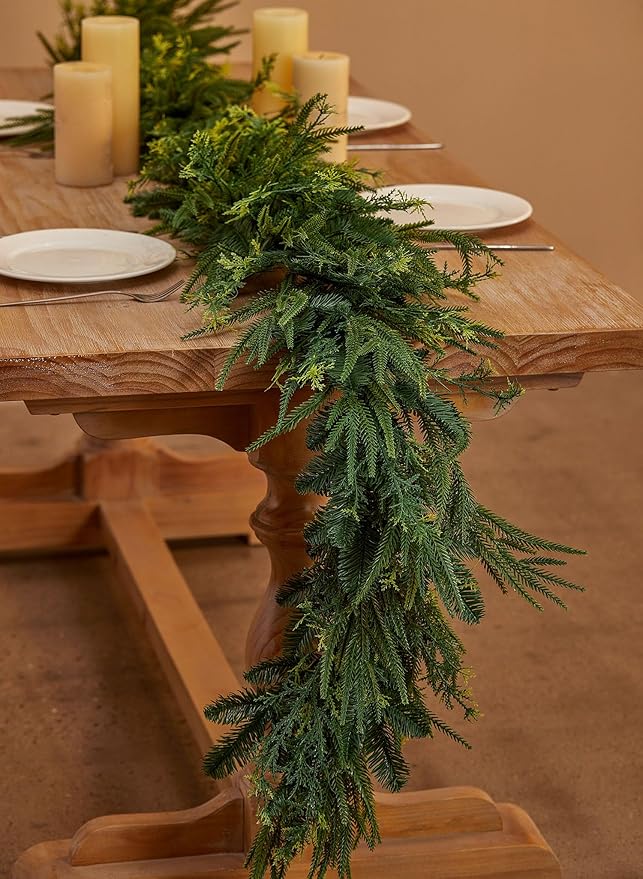 9ft Handmade Christmas Garland,Artificial Cypress Cedar Pine Needles Greenery Seasonal Garland for Christmas Fireplace Winter Holiday Indoor Outdoor Decoration