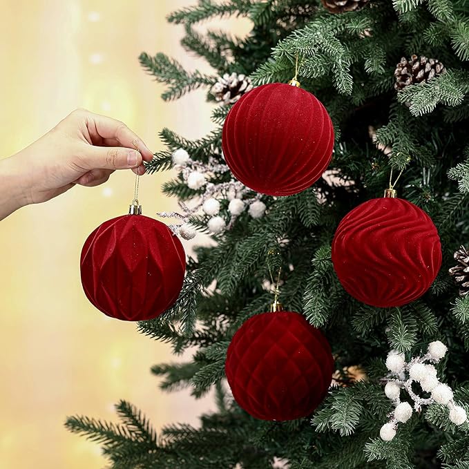 4 Pcs 4 Inch Large Velvet Christmas Ball Ornaments Vintage Christmas Plastic Ball Ornaments Flocked Tree Hanging Decoration for Xmas Party Wedding Home Decor(Wine Red)