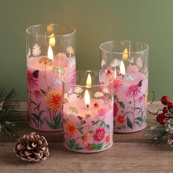Pink Floral Glass Flameless Candles with Remote, Flickering Real Wax LED Pillar Candles Set of 3