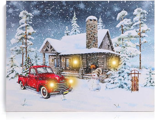 NIKKY HOME 16" x 12" Christmas LED Lighted Canvas Wall Art Prints Light Up Red Truck House and Snowman Picture Winter Snow Scene for Holiday Decor