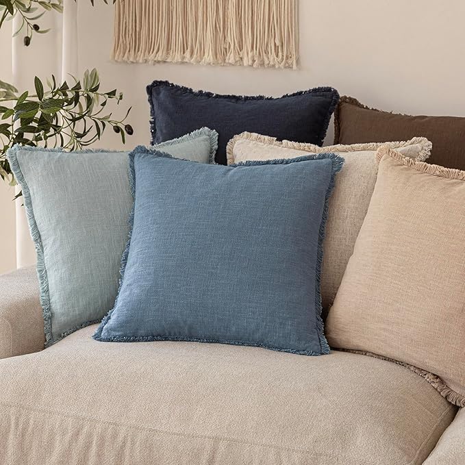 Foindtower Set of 2 Decorative Linen Fringe Throw Pillow Covers Cozy Boho Farmhouse Cushion Cover with Tassels Soft Accent Pillowcase for Couch Sofa Bed Living Room Home Decor, 20×20 Inch, Misty Blue