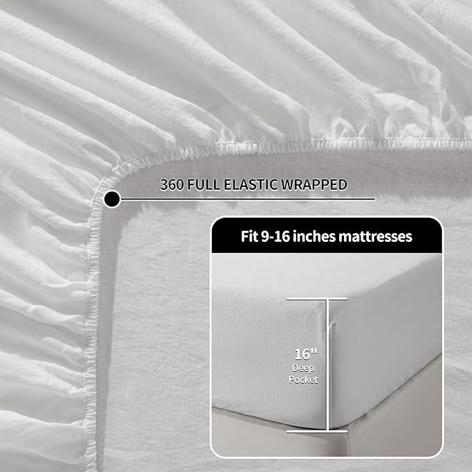 LBRO2M 100% Linen Sheet Set Queen Size, Bed Sheets 6 Piece Sets,Solid Color Natural Flax Bed Sheets Soft Breathable Bedding,16" Deep Pocket,All Season (Queen, White)