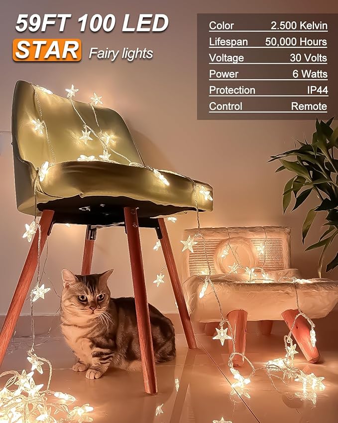 Star String Lights Plug in, 59 Ft 100 LED Star Fairy Lights with Remote Timer, Connectable Waterproof for Bedroom Wedding Party Indoor Outdoor Décor, Warm White