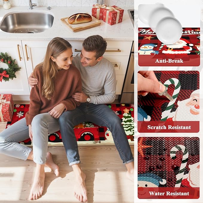 Christmas Kitchen Mats Anti Fatigue - Christmas Kitchen Rugs Sets of 2, Santa Claus Cartoon Buffalo Plaid Farmhouse Floor Mat, Non Slip Cushioned Home Christmas Decorations Gift(Red & Black)