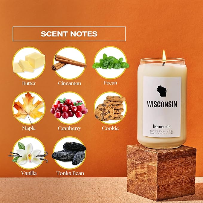 Homesick Scented Candles for Home (Wisconsin) - 13.75 oz Long-Lasting Soy Wax Jar Candle for Women & Men for All Occasions, 60-80 Hours Burn Time - Notes of Butter, Maple & Cranberry