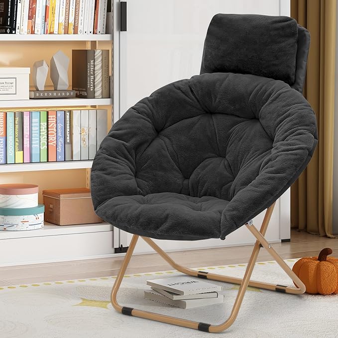 Athena Collection Comfy Saucer Chair with Headrest Oversize Round Cozy Chair Folding Chair Faux Fur Metal Frame Foldable Reading Chair Accent Chair for Bedroom Living Room, Black