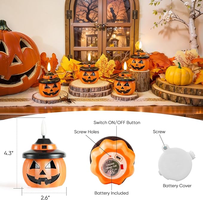 Homemory Real Wax Pumpkin Candles, 2 Pcs Flickering Flameless Candles with 6hrs Timer, LED Halloween Pumpkin Lamp, Battery Operated Lights for Home Halloween Decor, Theme Party, Orange