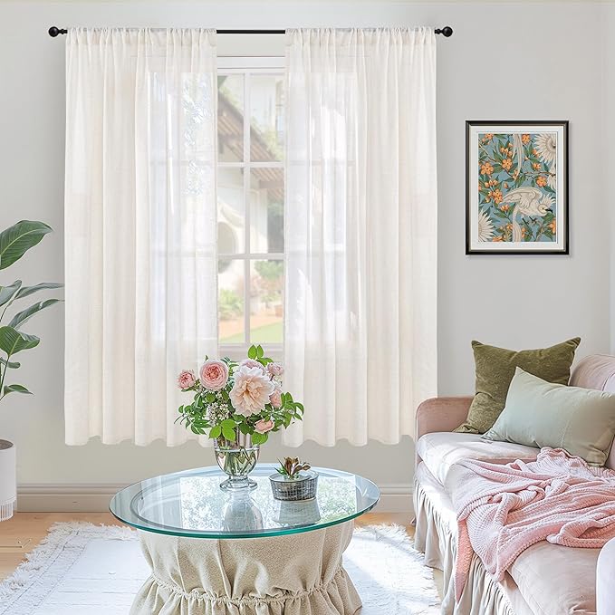 BGment Linen Semi Sheer Curtains 63 Inch Length for Living Room - Ivory Textured Light Filtering Window Drapes with Rod Pocket Lightweight Rustic for Farmhouse Bedroom, 2 Panels Set, 52 X 63 Inch