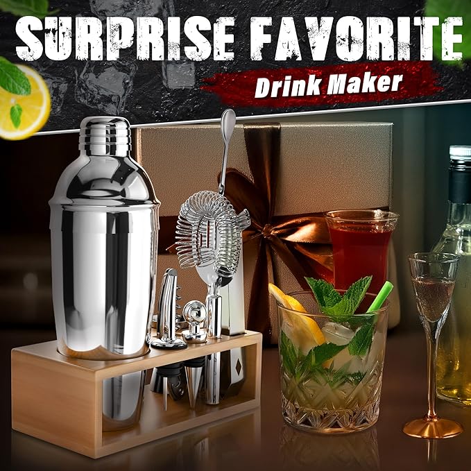 Bar Tool Set – Stainless Steel Mixed Drink Shaker Set with 10 Accessories, Durable & Easy to Clean – Bartender Kit with Stand | Wooden Organizer for Home Bar Setup, Great Gift for Cocktail Enthusiasts
