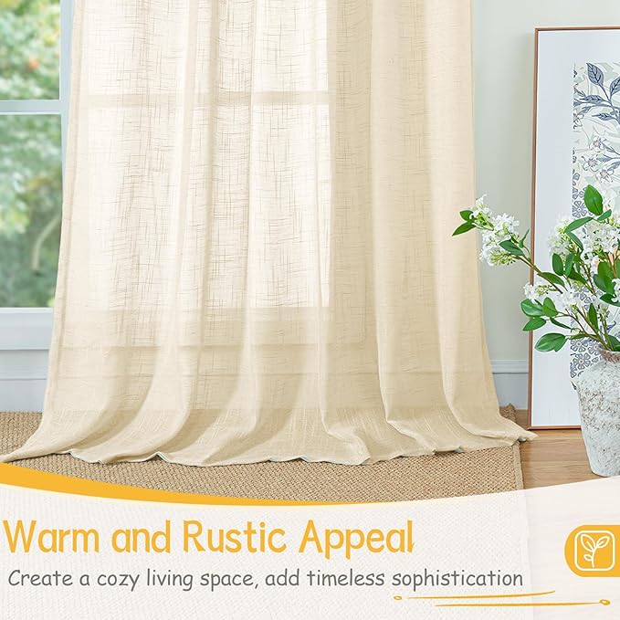 YoungsTex Champagne Linen Semi Sheer Curtains 40 Inches Long 2 Panels, Short Length Drapes Light Filtering Textured Rustic with Rod Pocket Back Tab for Cafe Bathroom Window, 42 X 40 Inch