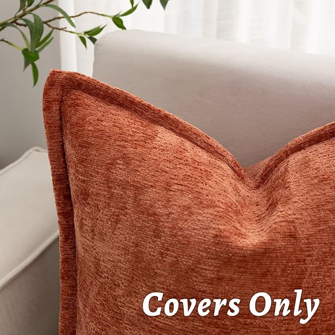 Burnt Orange Fall Decorative Throw Pillow Covers 24x24 Inch Set of 2 Cozy Soild Chenille Cushion Cases Soft Textured Square Couch Pillows Cover Boho Accent Farmhouse Pillowcases for Bed