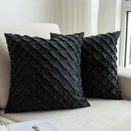 Velvet Decorative Throw Pillow Covers Set of 2, 18x18 Inch Soft Modern Weave Cushion Case, Farmhouse Home Decor Pillowcase for Sofa Living Room Couch Bed Black