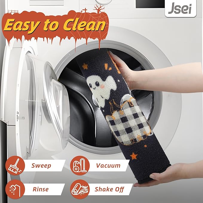 JSEI Halloween Holiday Kitchen Mats for Floor, Non-Slip Ghost and Pumpkins Decorative Kitchen Rugs Set of 2, Home Decor Low-Profile Kitchen Runner Rug Washable, 17"x30"+17"x48", Pumpkins Party Pattern
