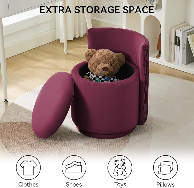 Velvet Vanity Chair with Storage, 360° Swivel Makeup Chair with Wave Back, No Assembly Small Accent Stool for Bedroom, Dressing, Living Room, Burgundy