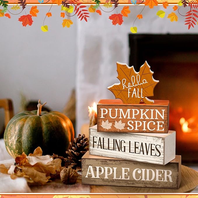 4 Pcs Fall Decor Wooden Maple Leaf Decoration Fall Tiered Tray Decor Rustic Wooden Maple Leaf Block Sign Gift Thanksgiving Table Centerpiece Farmhouse for Autumn Harvest Party Home Kitchen