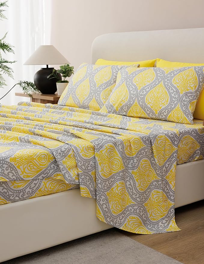 Twin Size Bed Sheets Set Deep Pockets - 6PC Floral Ultra Soft Microfiber Bed Sheets - Easy to Clean, 90 Thread Count Sheets with Fitted Sheet, Flat Sheet & Pillowcases (Grey/Yellow Medallion)