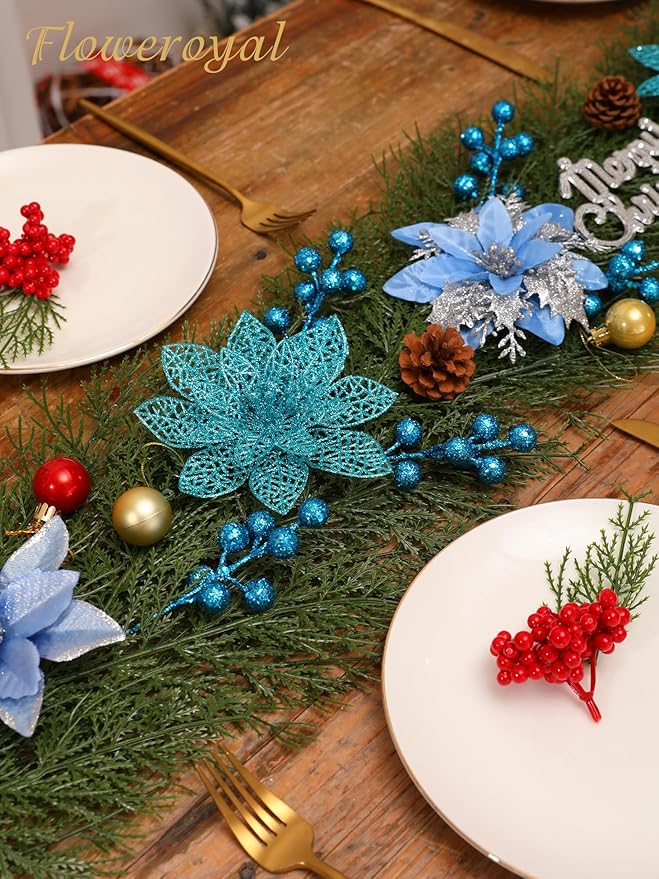 Floweroyal 30pcs Poinsettia Artificial Christmas Flowers Decorations with Clips and Berry Stems Glitter Ornaments for Christmas Tree Wreath Fireplace Stairs Decor (Blue-3 Styles)