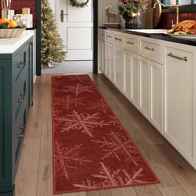 Lahome Snowflake Christmas Runner Rug, 2x8 Red Christmas Rug Runner Soft Non Slip Kitchen Runner Rugs with Rubber Backing Holiday Decor Carpet Runners for Hallways Bedroom Laundry(2x8ft,Red)