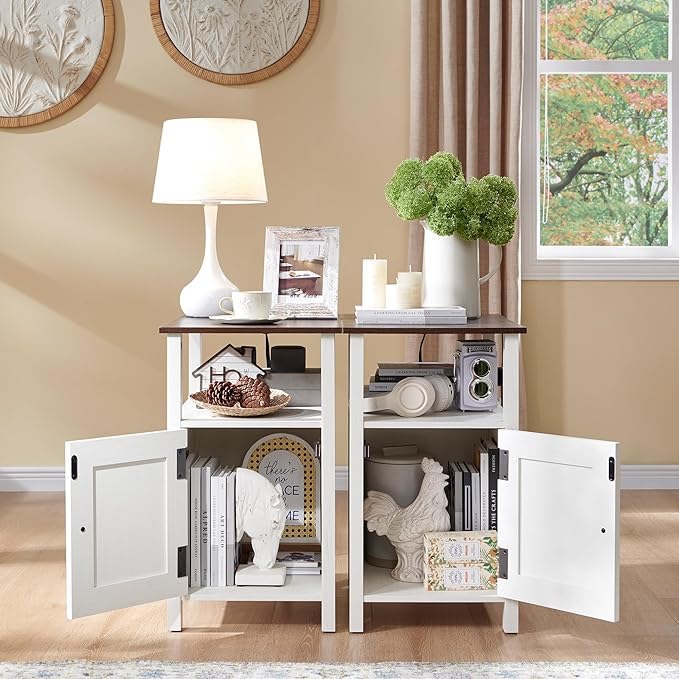 Farmhouse Nightstand Set of 2, End Table with Charging Station, Rustic Side Table w/Barn Door & Open Shelves, Bedside Table w/Storage Space and Storage Cabinet for Bedroom, Living Room (White)
