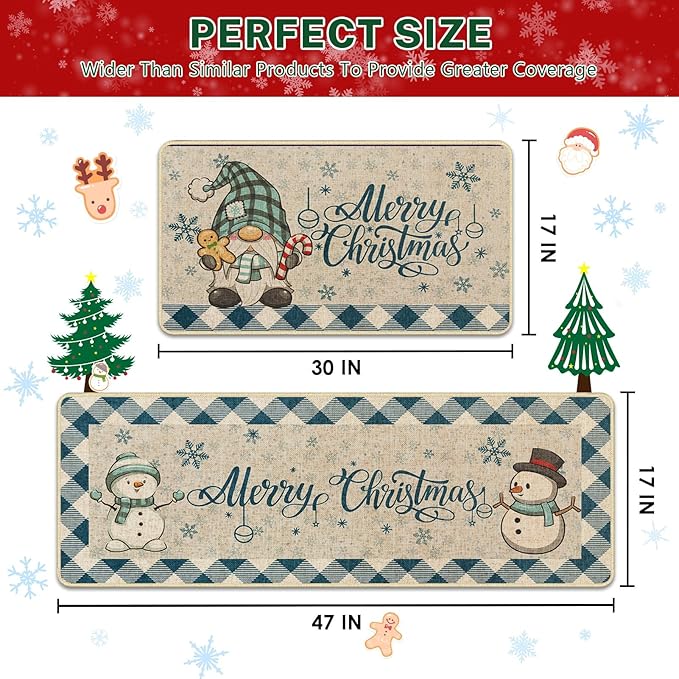 Christmas Snowflake Gnome Kitchen Rugs and Mats Non Skid Washable Set of 2, Winter Snowman Xmas Kitchen Mats for Floor Decor