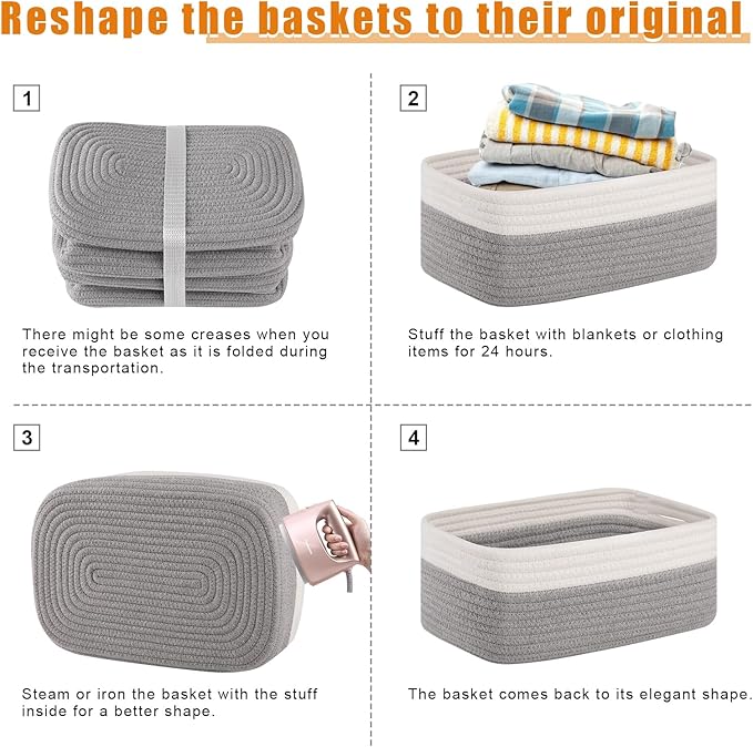 OIAHOMY 4 Pack Storage Baskets for Organizing, Small Bins for Shelves, Cute Decorative Storage Bins, Organizer Baskets for Gifts Empty, 11.8''Lx7.8''Wx4.7''H, Grey/White