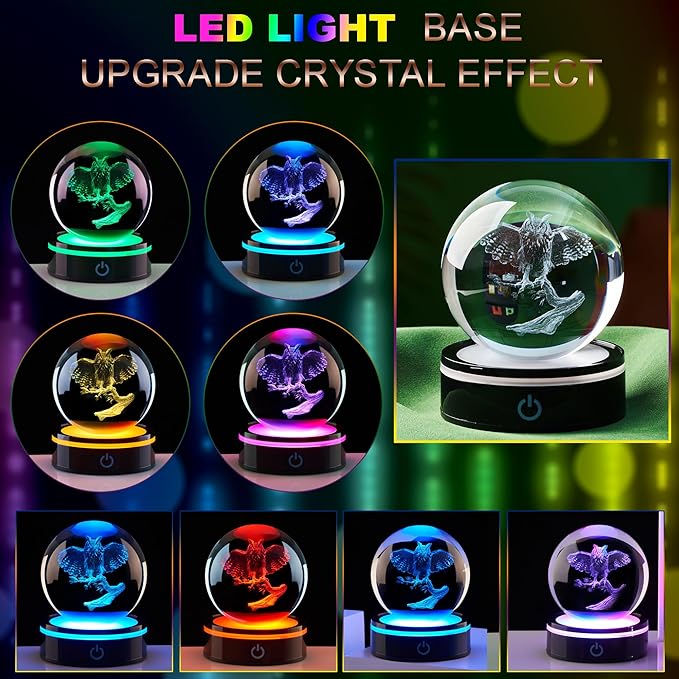 3D Owl Figurine Crystal Ball with Colorful Light Base, Gifts for Women Men Lovers on Christmas Birthday, Laser Engraved Sphere Glass Ball for Home Office Decoration