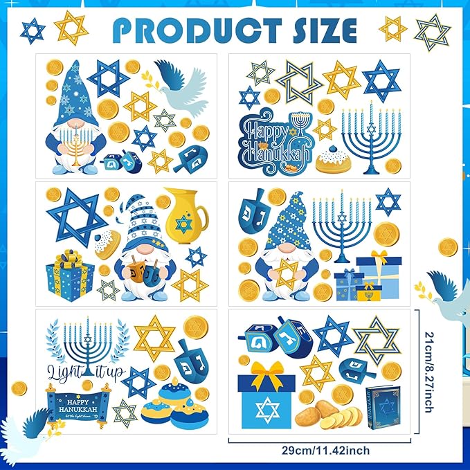 ReliThick Hanukkah Wall Decals & Window Clings - 78 Pcs Blue & Yellow Menorah Star & Gnome Stickers - Party Decor for Living Room, Bedroom & Nursery