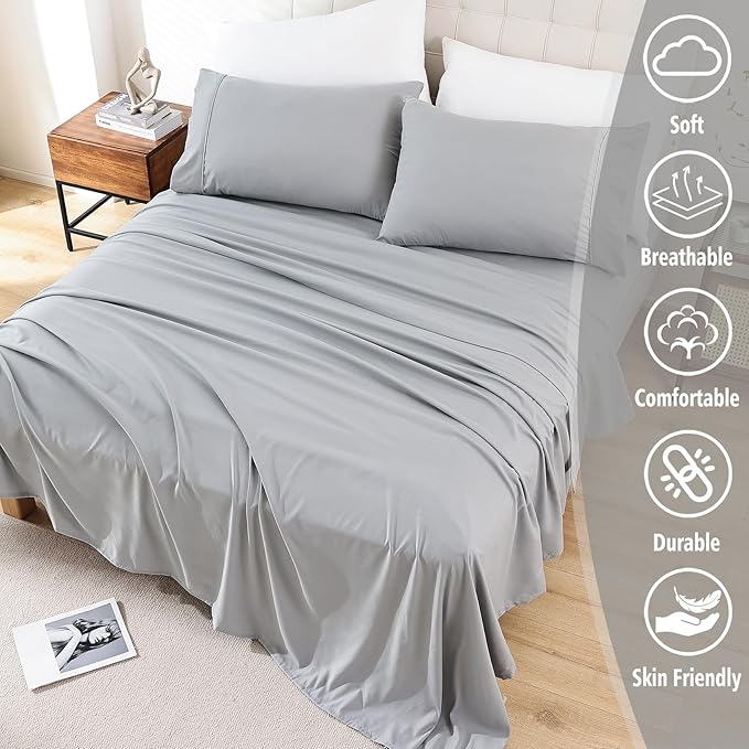 Whitney Home Textile Twin Sheets Set, Soft Microfiber Hotel Bed Sheets Twin Size, Extra Deep Pocket, Luxury Breathable Bedding Sheet & Pillowcase Sets, 3 Piece Wrinkle Free Oeko-Tex, Grey