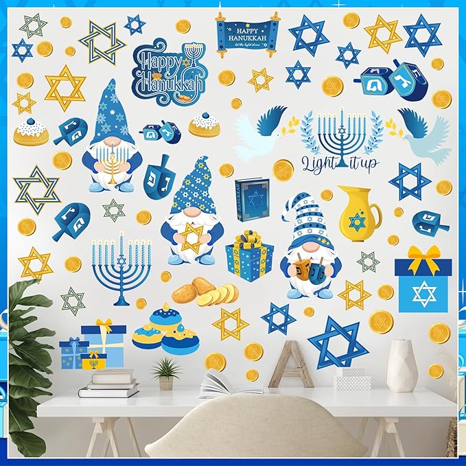 ReliThick Hanukkah Wall Decals & Window Clings - 78 Pcs Blue & Yellow Menorah Star & Gnome Stickers - Party Decor for Living Room, Bedroom & Nursery