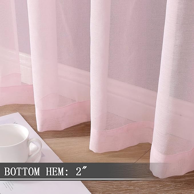 Tollpiz Sheer Tier Curtain Linen Textured Half Kitchen Curtains Sheer Light Filtering Rod Pocket Voile Small Curtains for Bathroom, 25 x 36 inches Long, Pink, Set of 2 Panels