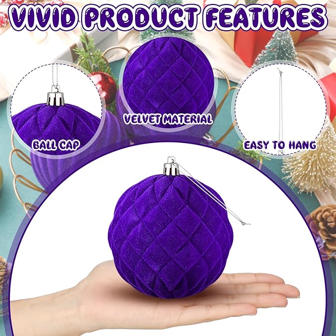 4 Pcs 4 Inch Large Velvet Christmas Ball Ornaments Vintage Christmas Plastic Ball Ornaments Flocked Tree Hanging Decoration for Xmas Party Wedding Home Decor (Purple)