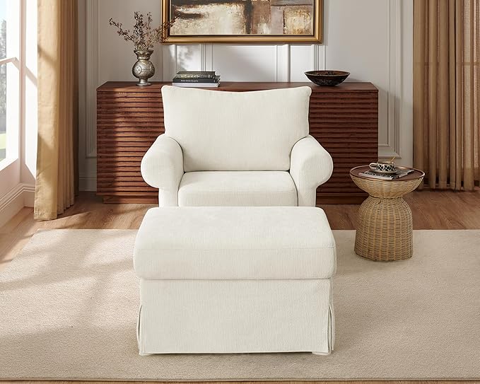 Modern Living Room Chairs with Ottoman, Comfy Chenille Reading Armchair with Rolled Arms and Cushion Backrest, 35.8" W Oversized Chaise Lounge Chair for Bedroom, Study, Apartment, Beige