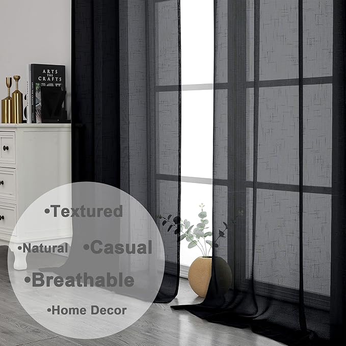 Aiyufeng Kirei Faux Linen Black Sheer Curtains 84 Inches Long 2 Panels, Light Filtering Slub Textured Breathable Rod Pocket Curtain Drapes for Farmhouse Living Room Bedroom, Each 40Wx84L Inch