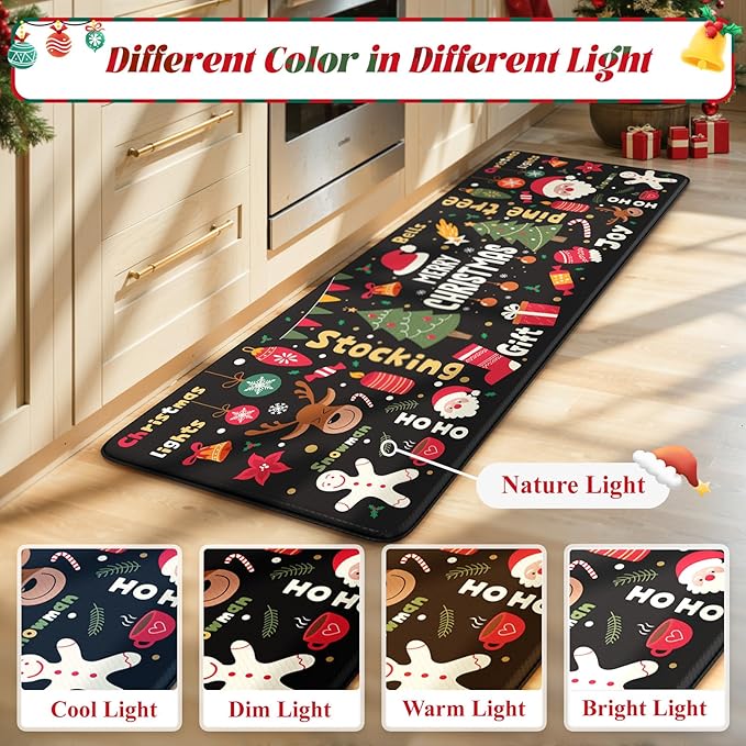 Collive Merry Christmas Kitchen Mats for Floor, Cushioned Anti Fatigue Kitchen Rug Set, 2 Piece Non-Skid Waterproof Kitchens Sink Rugs, Comfort Winter Xmas Tree Mat for Laundry Office Desk