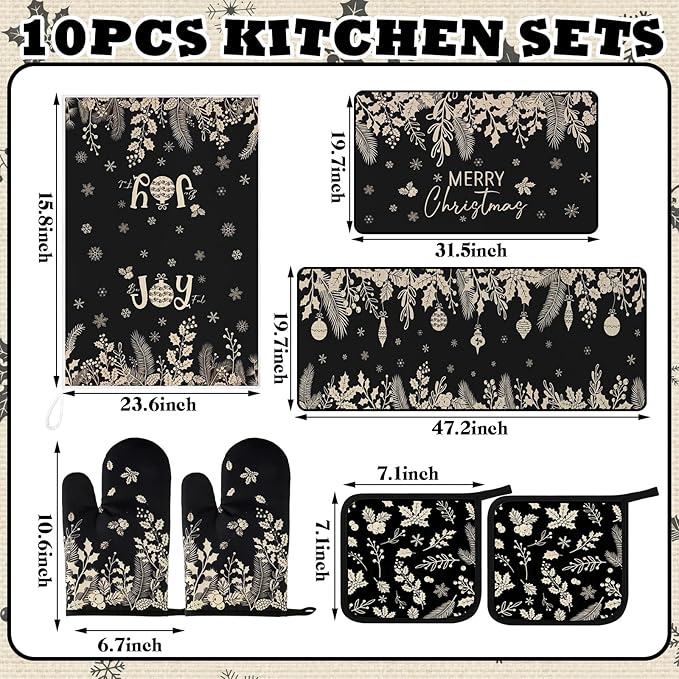 10 Pcs Christmas Kitchen Decor Set Kitchen Towels and Rugs Oven Mitts Pot Holders Absorbent Towels for Baking Cooking BBQ Gifts Home Decor(Black and Gray,Pine and Holly)