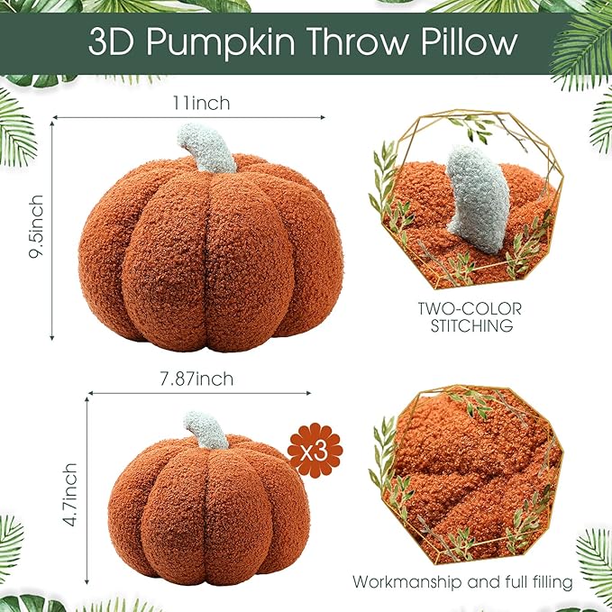 Kajaia 4 Pcs Fall Decor Pumpkin Throw Pillow Fall Pillow 11 Inches 7 Inches 3D Cushion Thanksgiving Sherpa Plush Fluffy Stuffed for Autumn Halloween Christmas Home Sofa(Brown)