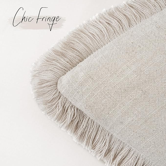 Foindtower Set of 2 Decorative Linen Fringe Throw Pillow Covers Cozy Boho Farmhouse Cushion Cover with Tassels Soft Accent Pillowcase for Couch Sofa Bed Living Room Home Decor, 22×22 Inch, Beige