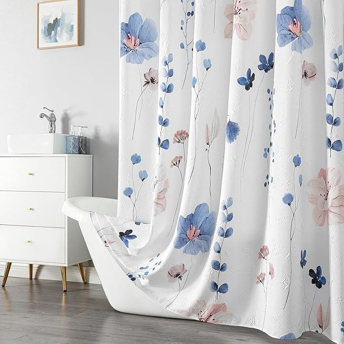 QiyI Watercolor Floral Shower Curtain, 3D Embossed Butterflies Blue Pink Flower Bathroom Curtain, Minimalist White Cloth Bath Curtain, Waterproof Fabric Textured Shower Curtain Set with Hooks, 72x72