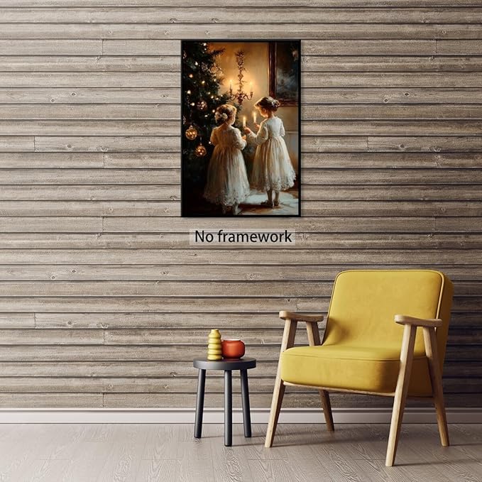 Vintage christmas wall art christmas tree wishing girl canvas poster winter room holiday decoration for farmhouse cabin living room bedroom Unframed12x16inch