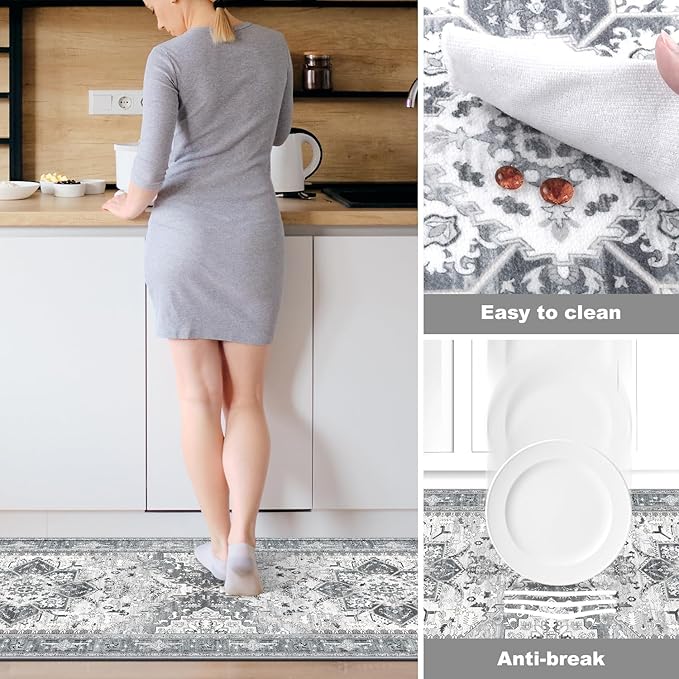 Yamaziot Boho Washable Kitchen Rugs Sets of 3, Non Slip Kitchen Mats for Floor with Rubber Backing, Waterproof & Stain Resistant Thick Carpet Runner Throw Rugs for Kitchen, Laundry Room, Hallway, Grey