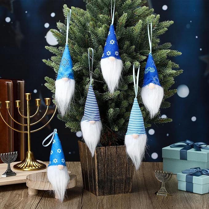 6 Pcs Gnome Hanukkah Ornaments, Handmade Chanukah Gnome Decorations Ornaments Plush Hanukkah Decorations Christmas Tree Hanging Home Table Decor